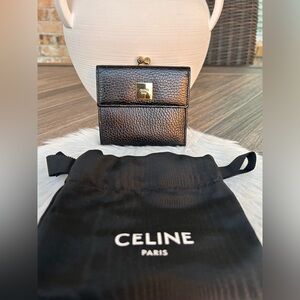 Vintage Celine Black Compact Wallet with Gold Hardware